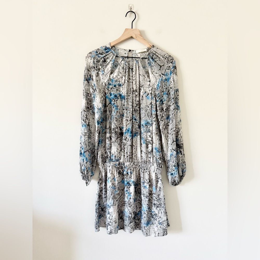 Ramy Brook Silk Drop Waist Blouson Mini Dress in Blue Gray Snake Pattern - S